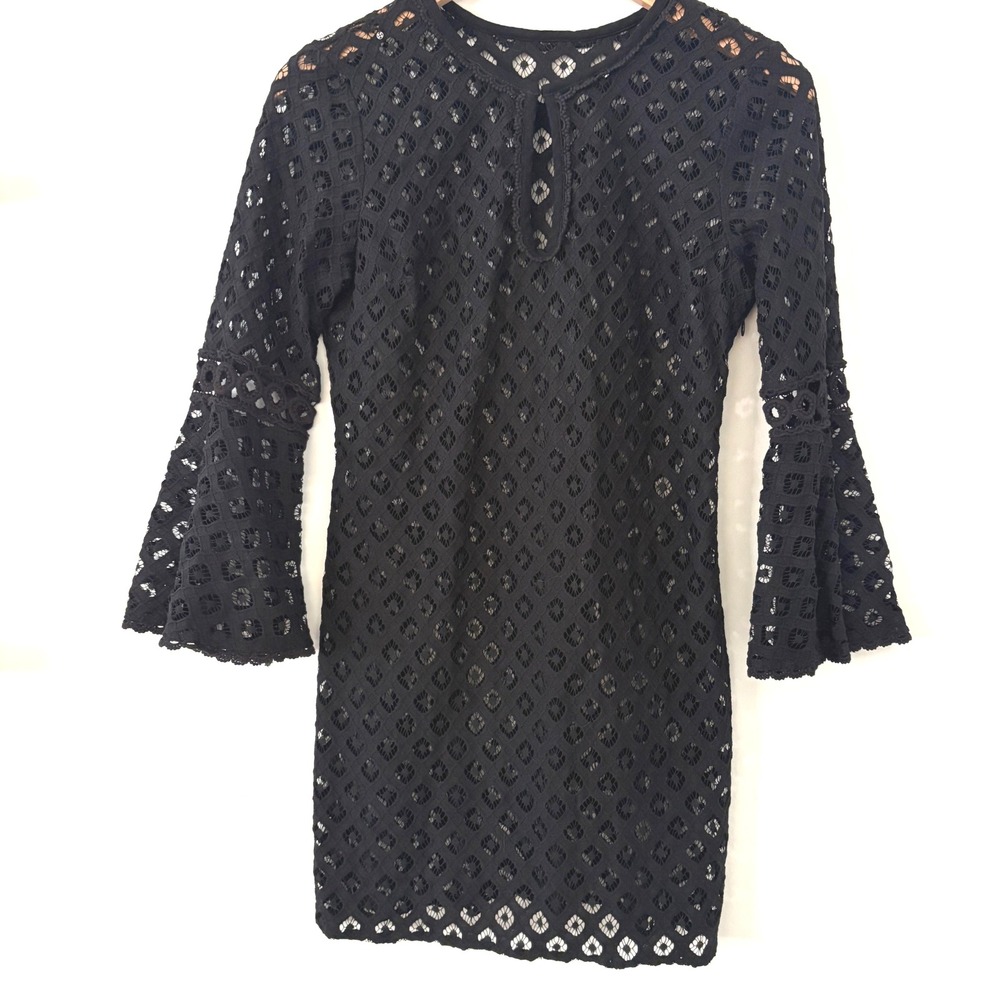 Black Lace Mini Dress‎ Bell Sleeve Keyhole Cocktail Party Women's